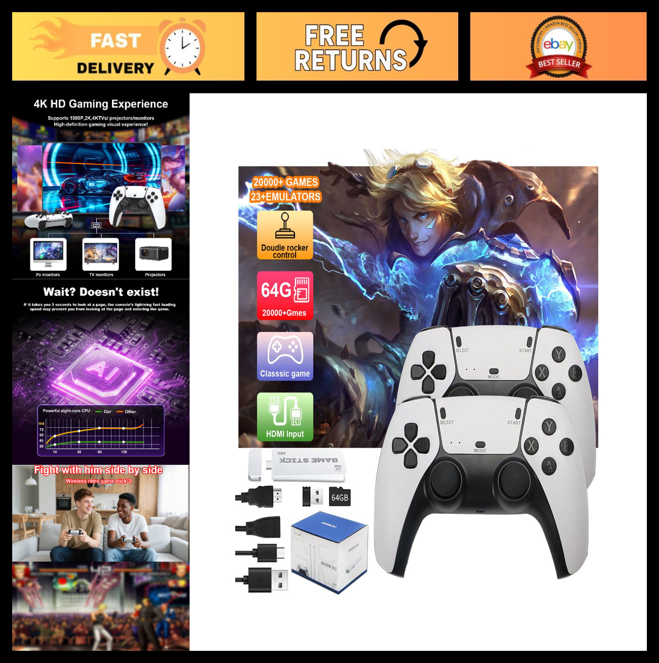Wireless Retro Gaming Console – 23 Emulators, 64GB, 20,000+ Games, 4K HDMI, Plug