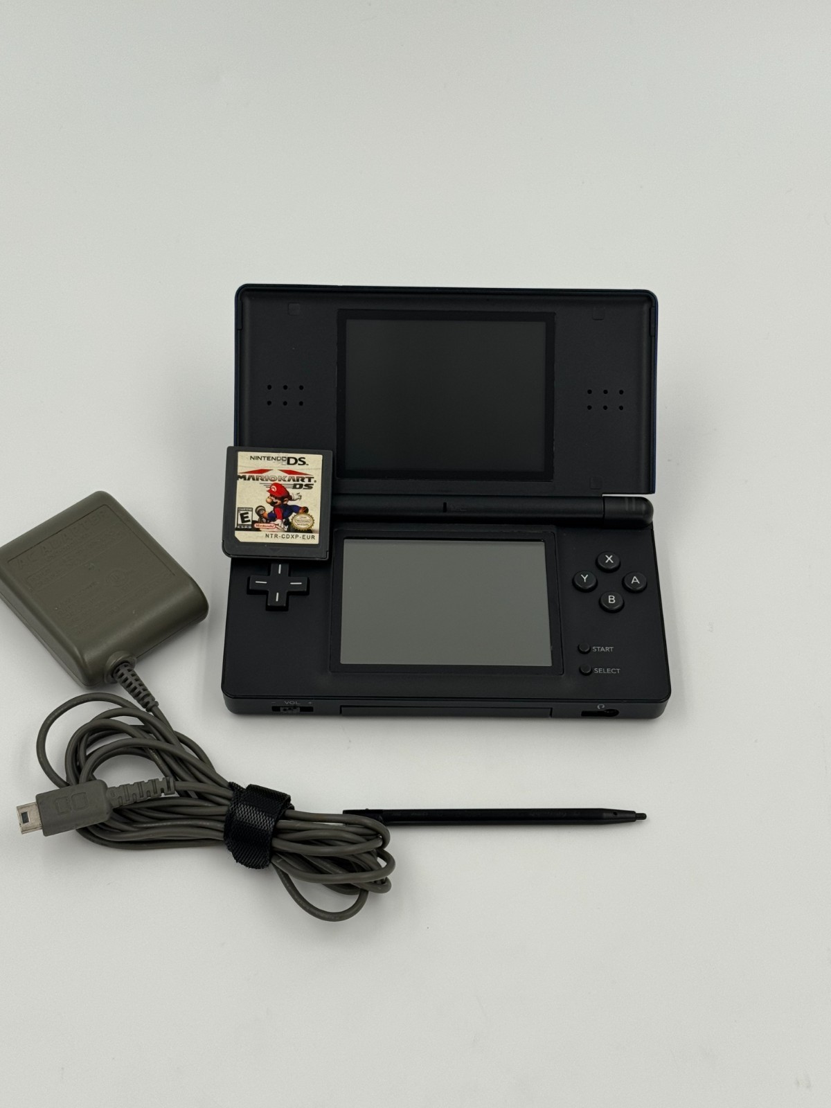 Nintendo DS Lite Cobalt Blue Black Console Bundle Charger Stylus Mario Kart DS