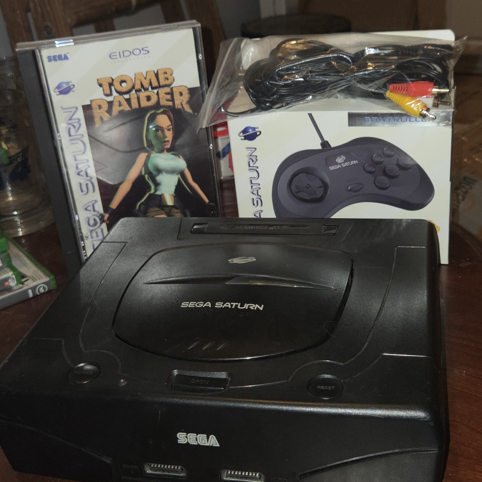 Sega Saturn MK-80000A Black Working With Tomb Raider CIB & Retro Bit Controller