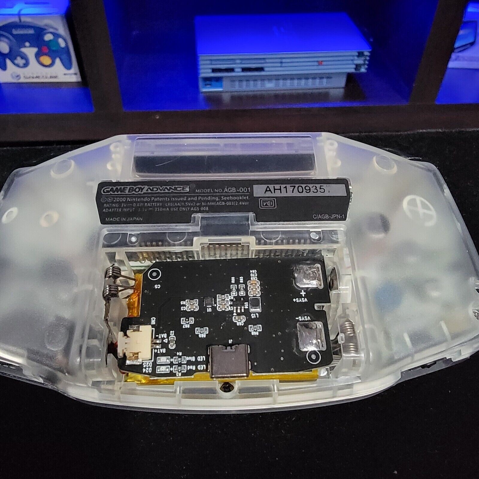 Clear Game Boy Advance GBA iPS Backlit LCD Usb-C 1800 mAh Rechargeable Battery