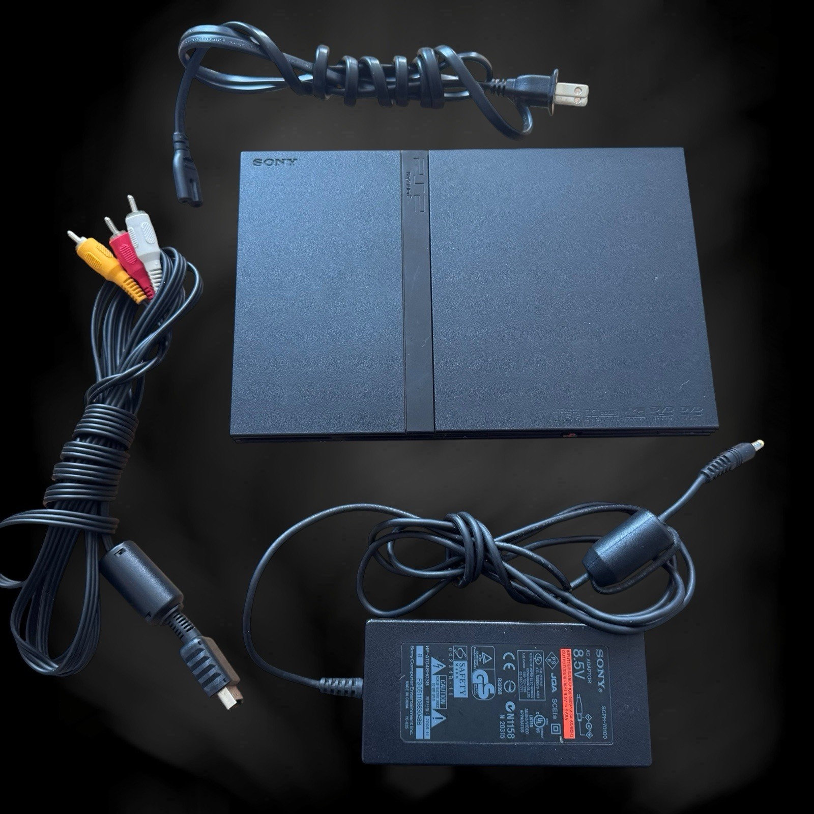 Sony PlayStation 2 Slim SCPH-75001 Black Console AV Cables & Power Cord – TESTED