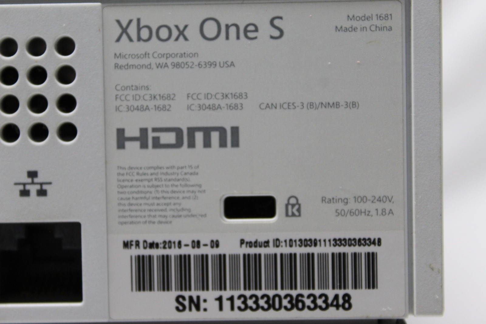 Microsoft Xbox One S White Console W/Controller and Cables RS