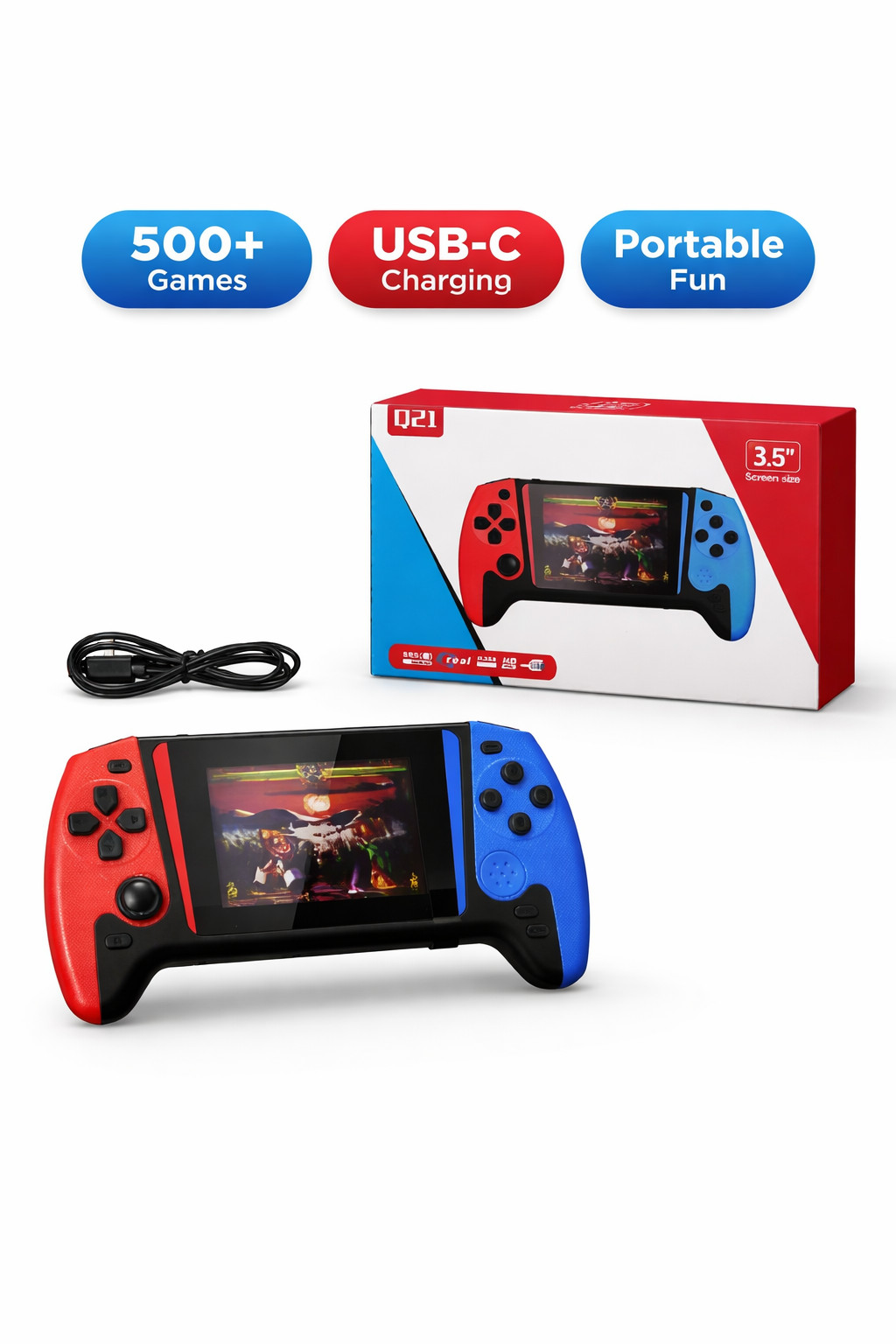 Q21 3.5” Handheld Retro Game Console Portable Gaming System Built-In Games USB