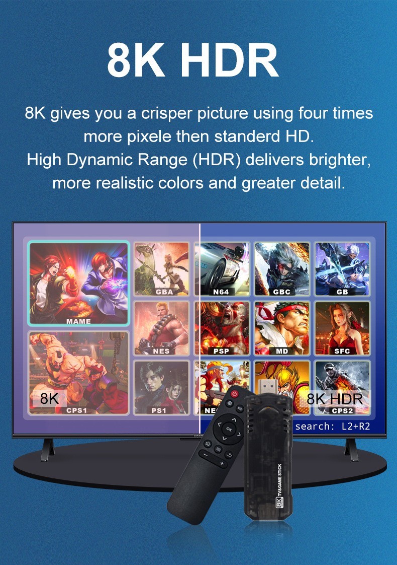Game Stick 64G 8K HDMI Low Latency Dual Handle Portable TV Video Game Console