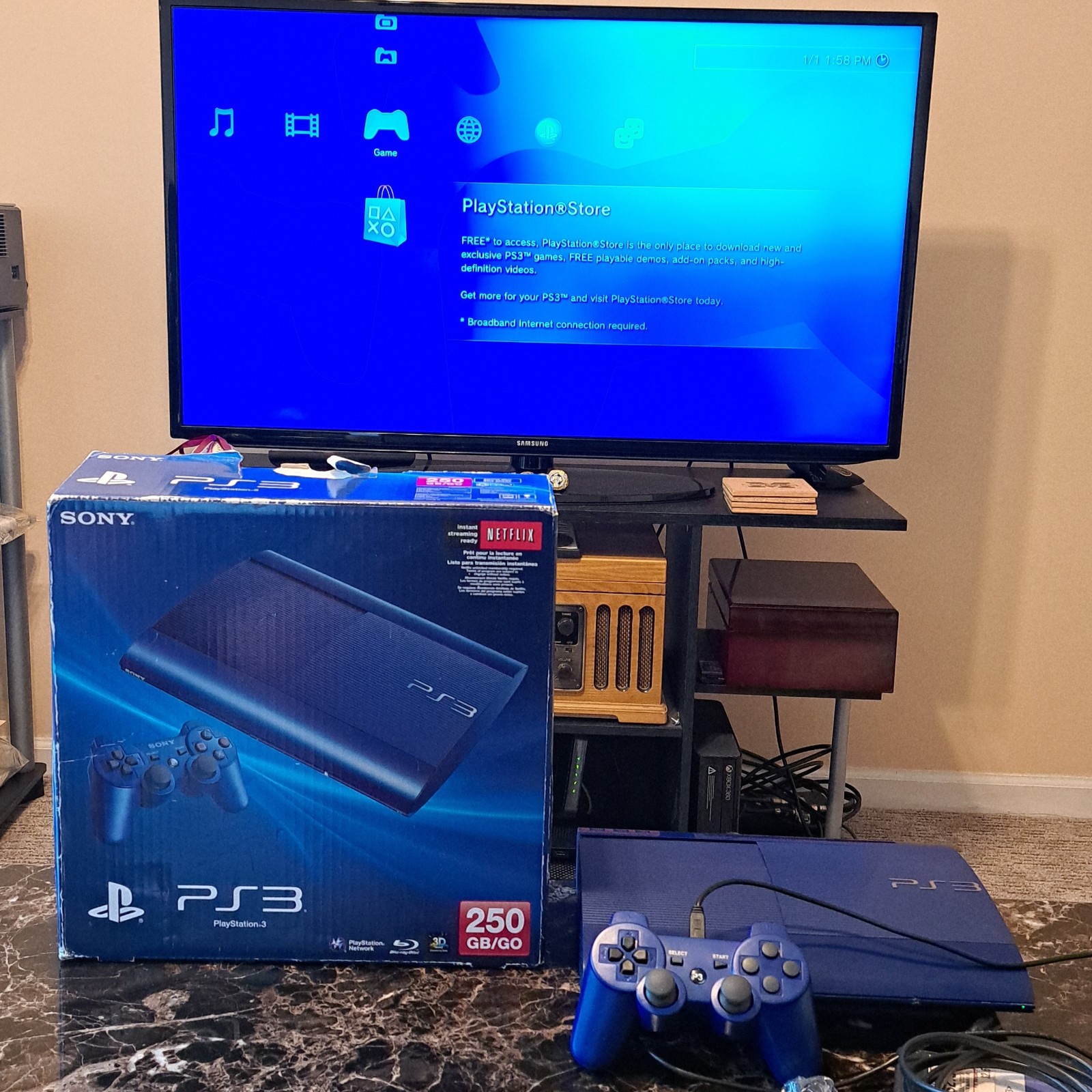 ✅Sony Playstation 3 PS3 Super Slim 250 GB Azurite Blue Console w Box *Low Hours*