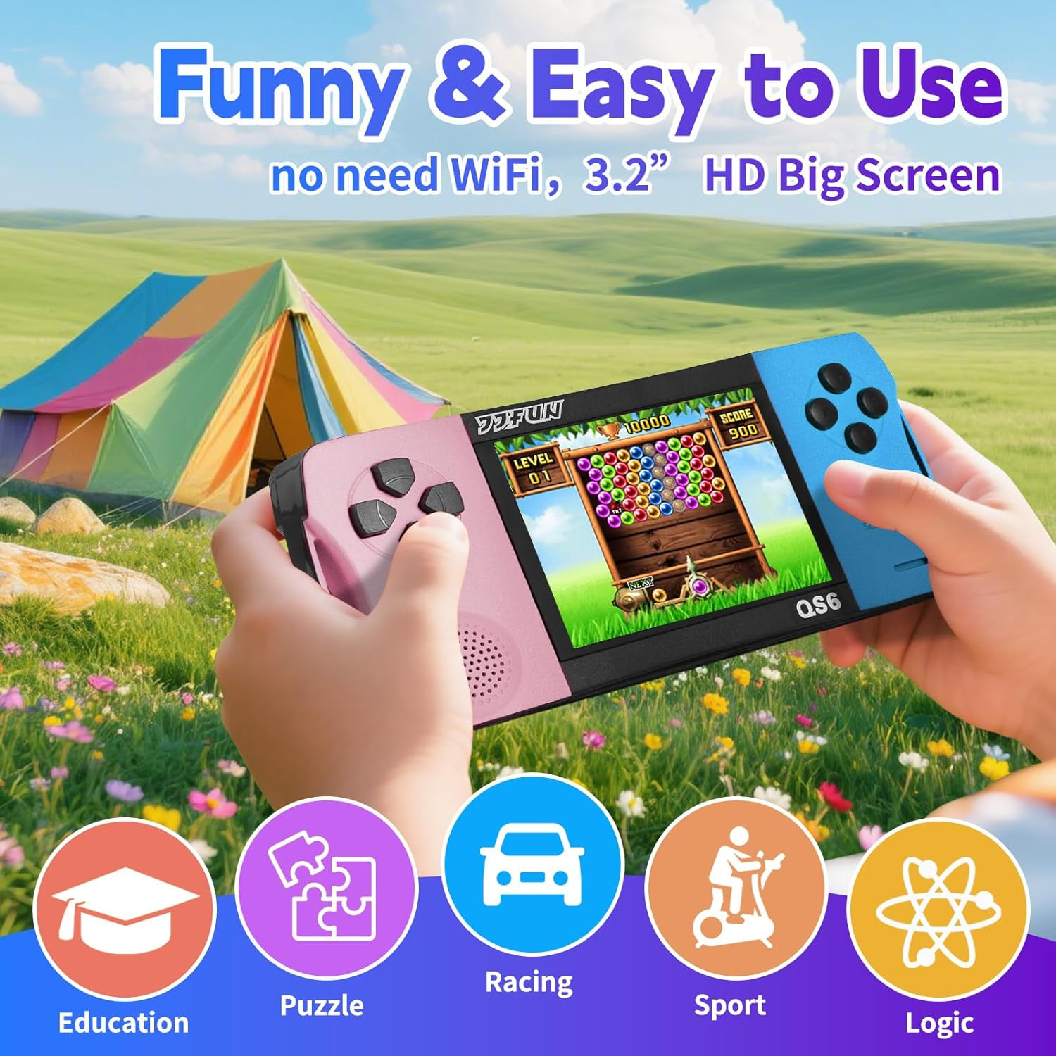 Handheld Game Console for Girls, 216 Retro Games Built-In, 3.5» HD IPS Screen,