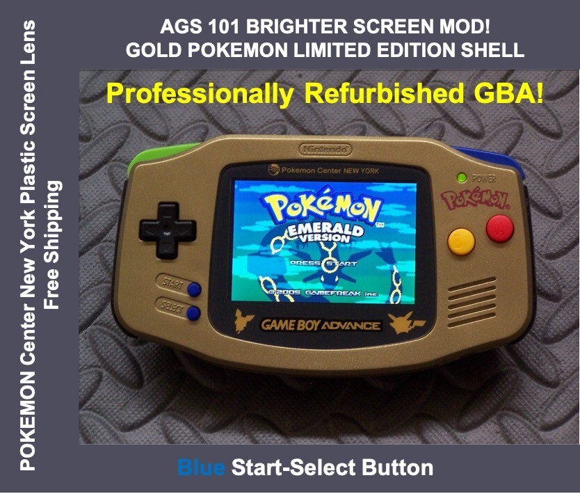 Game Boy Advance GOLD POKEMON LE System AGS101 Backlit Mod-PlasticScreen Blue SS