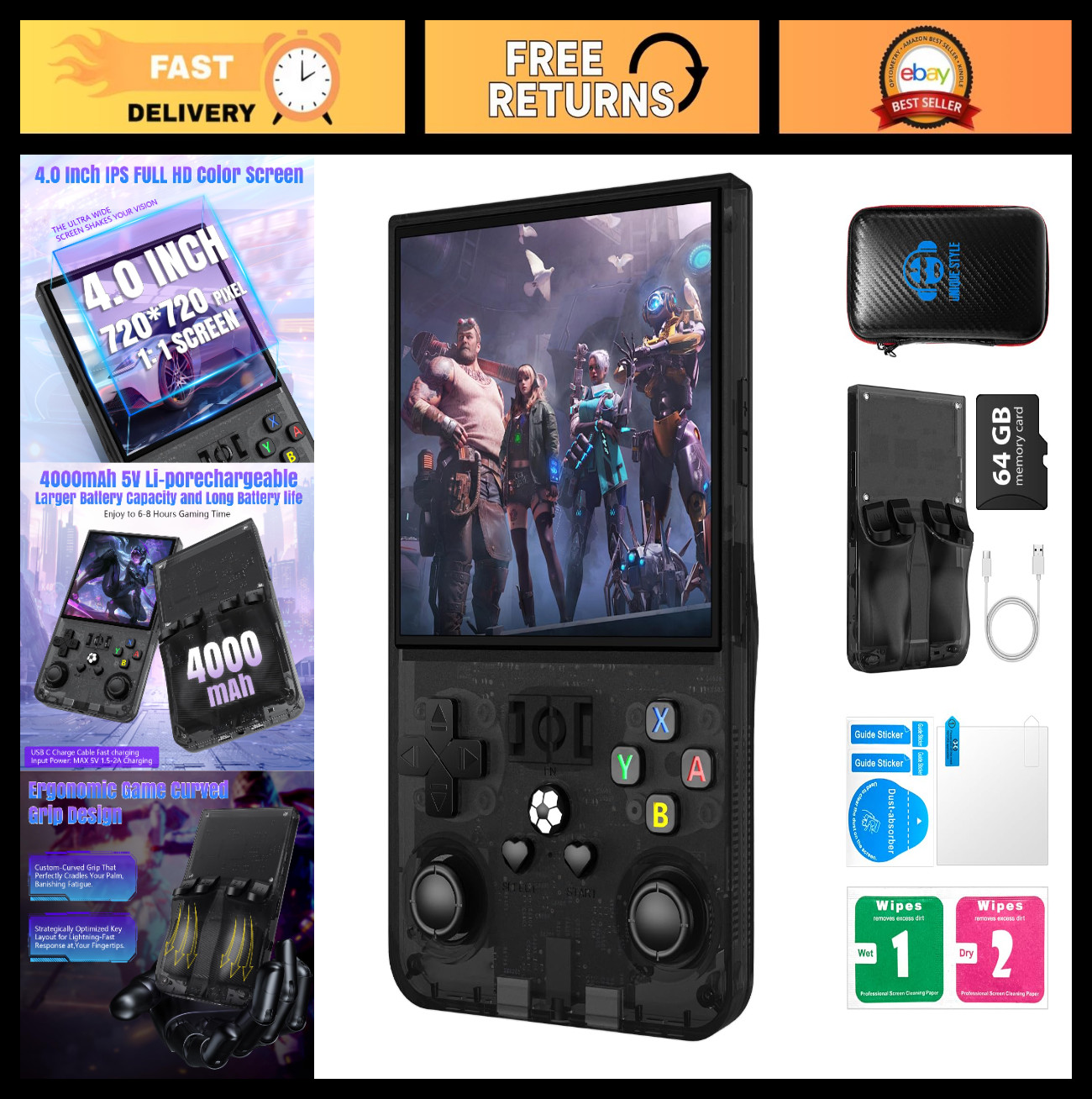 Retro Handheld Gaming Console – 4″ IPS HD Screen, 18,000+ Games, 4000mAh Battery