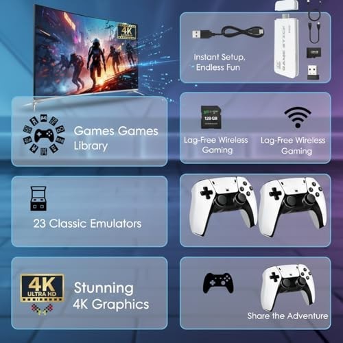 Retro Wireless Gaming Console 128GB Storage, 23 Emulators, 20,000+ Games, Dual C