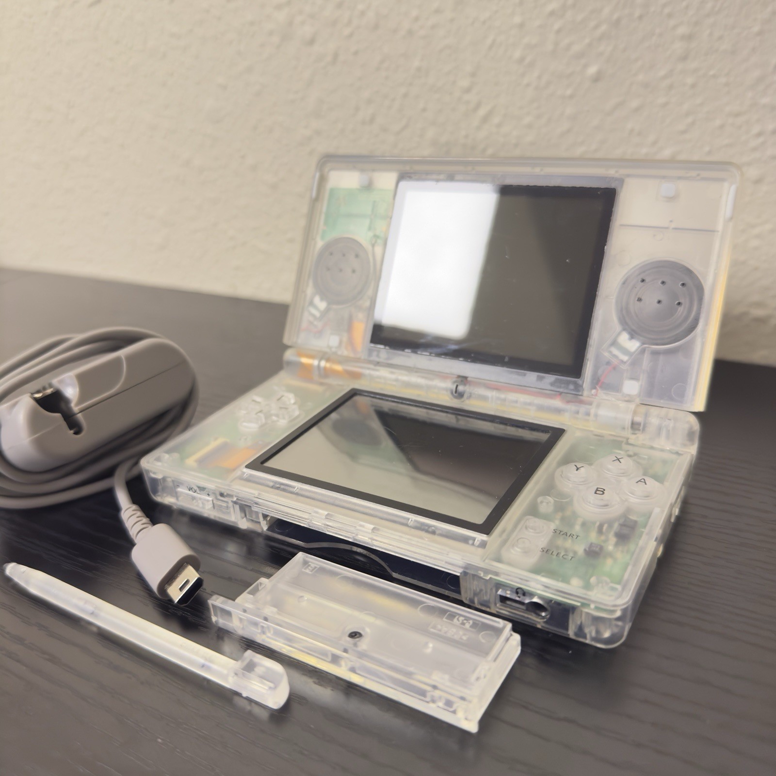 Nintendo DS Lite Clear Transparent Reshell Console w/ Charger Stylus GBA Slot