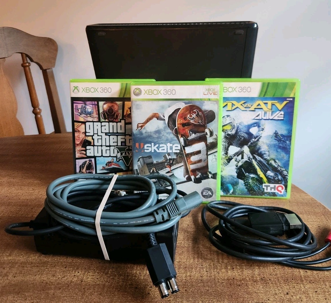 Xbox 360 S Slim Black (Model 1439) Console Bundle Tested No HDD or CONTROLLERS