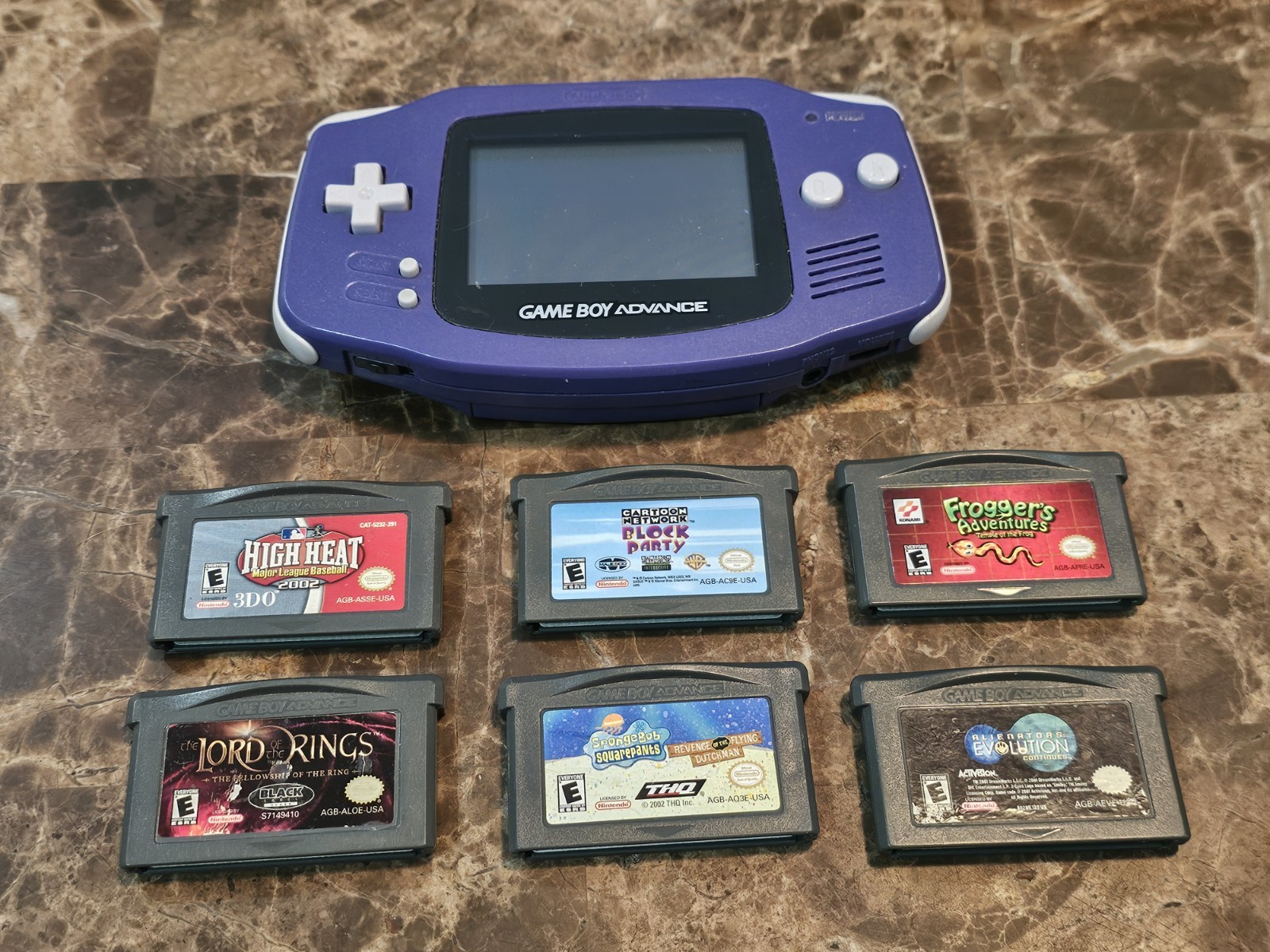 Nintendo Gameboy Advance Indigo Purple AGB-001 Handheld W/6 Games Lord Of Rings