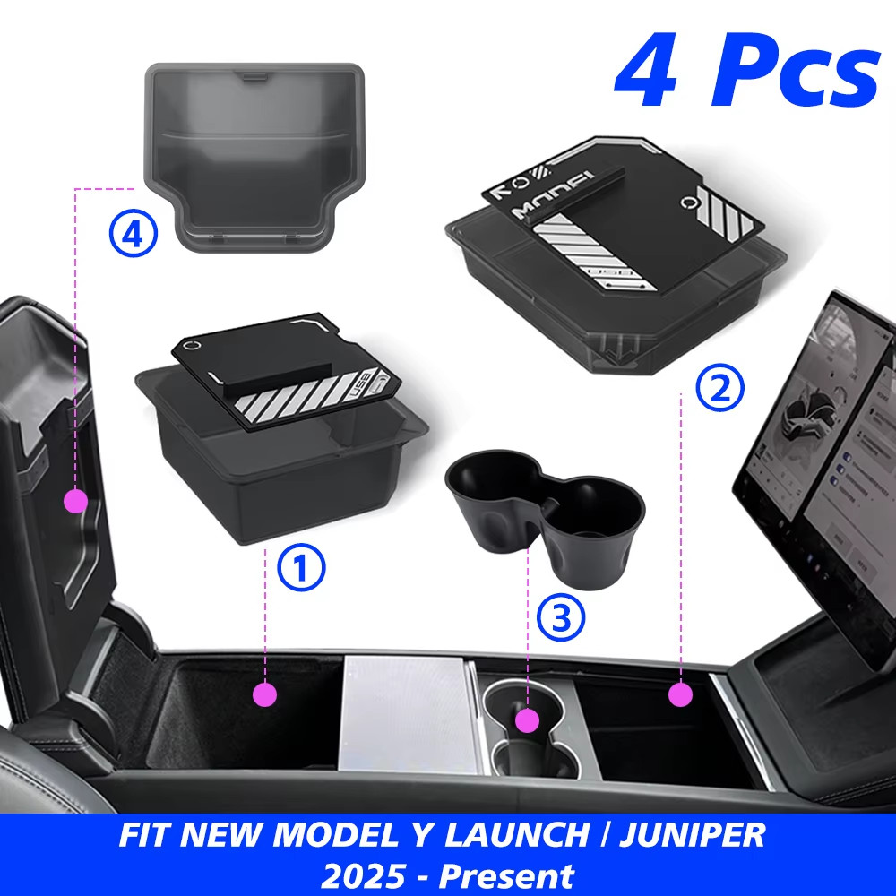 Console & Armrest Storage Box For Tesla New Model Y 2025 Juniper Launch ABS with