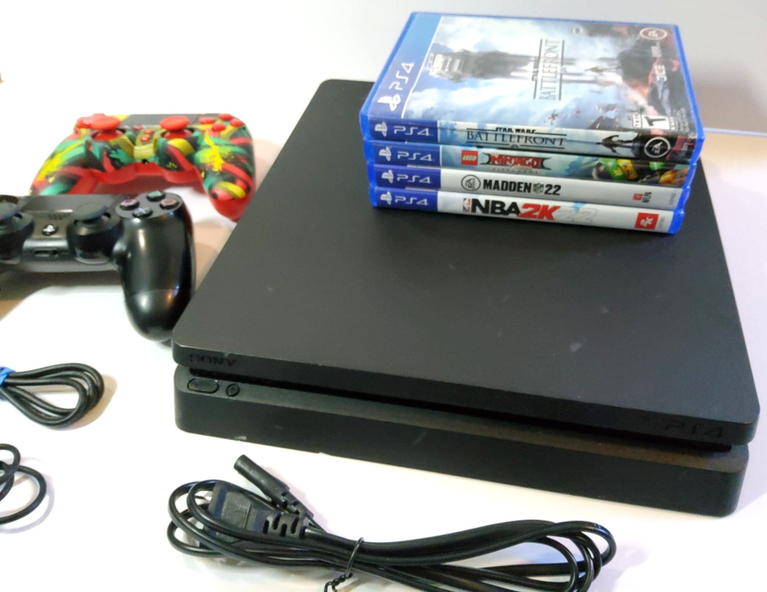 Sony PS4 Slim Console Bundle- 4 Games 2 Controllers Very Good Condition TESTED