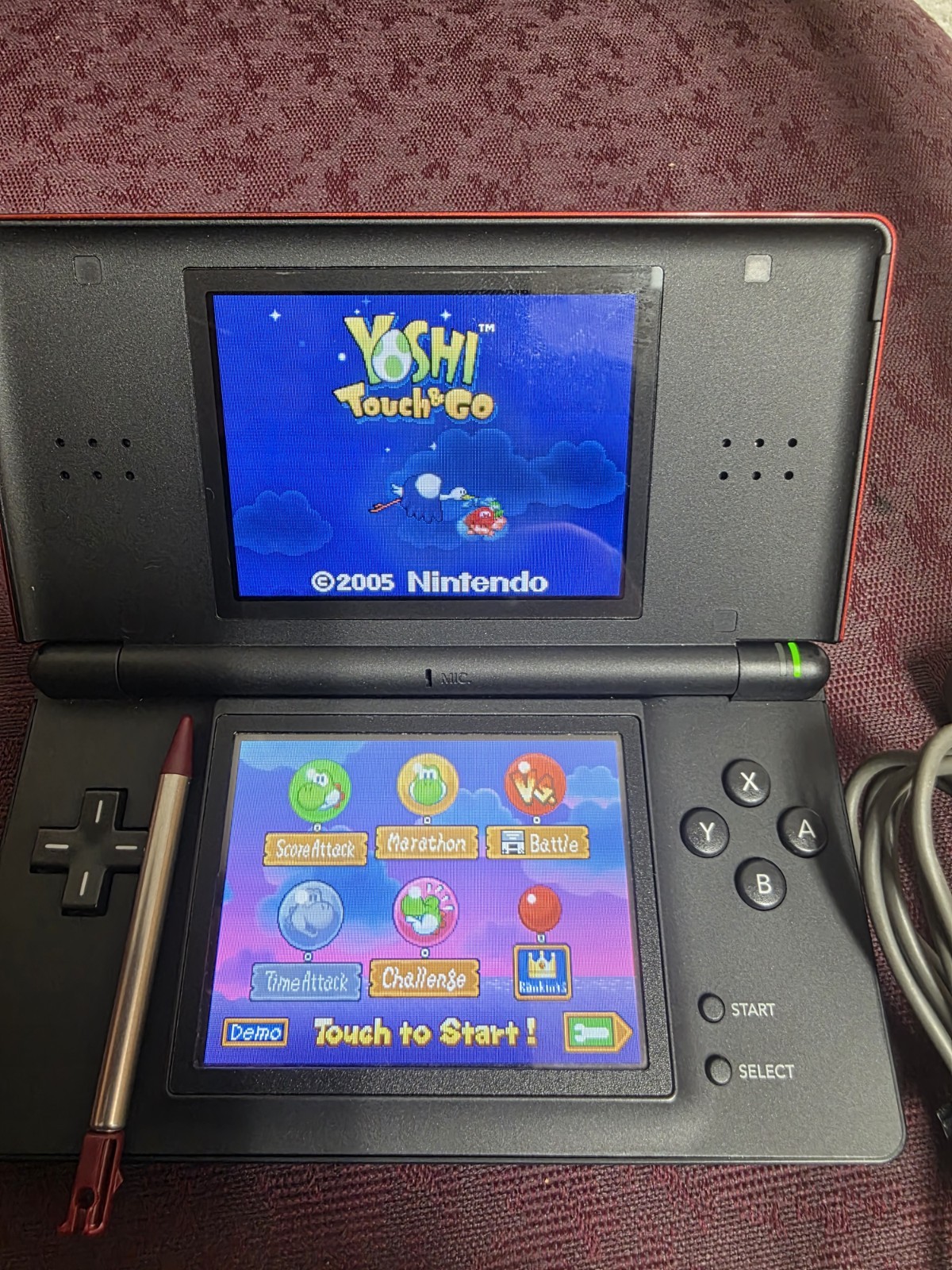 Nintendo DS Lite Crimson-Red/Black W/Yoshi Touch & Go, Stylus, & Charger-Clean!