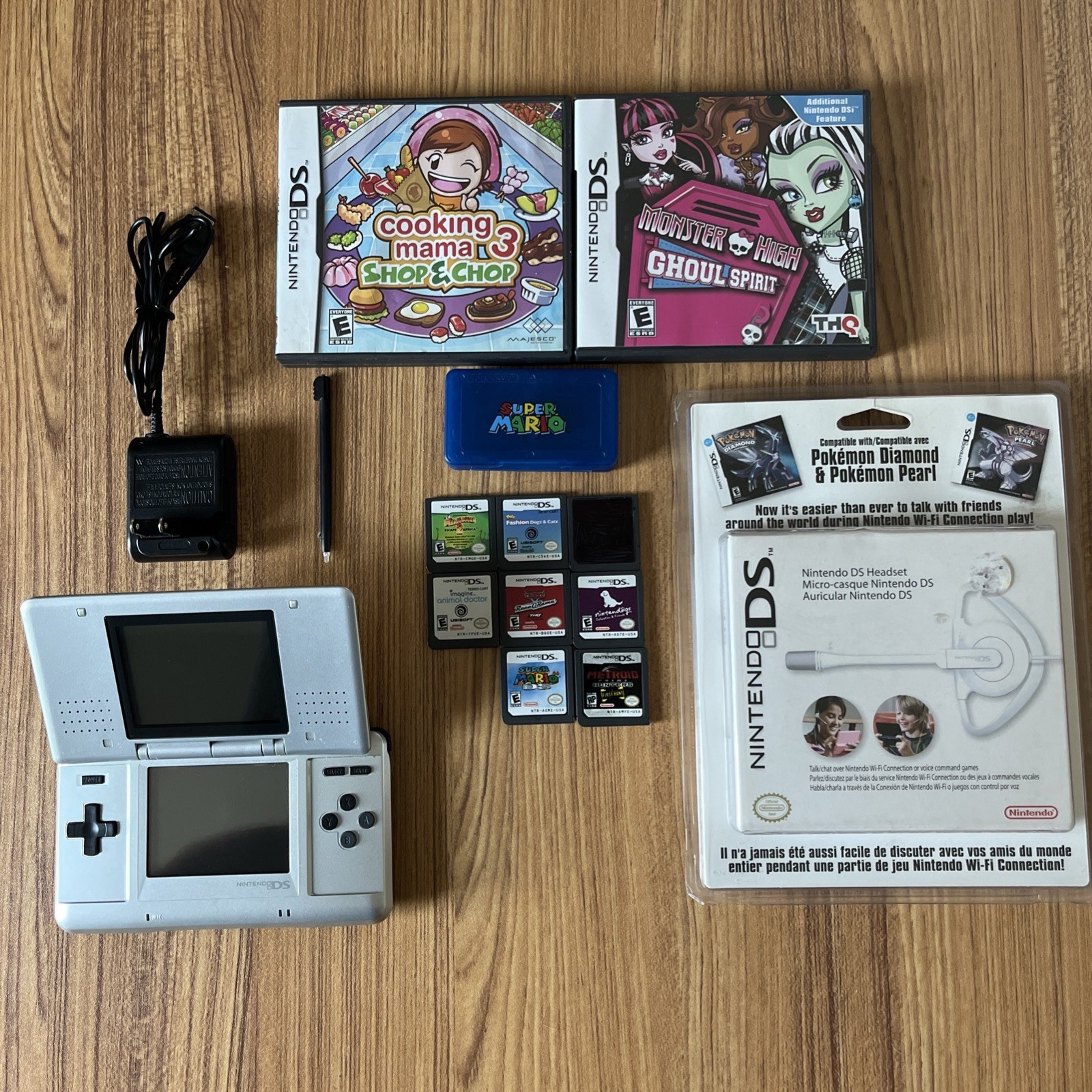 Nintendo DS Original Silver Console Bundle 9 Games Metroid Yoshi Mario 64 AS IS