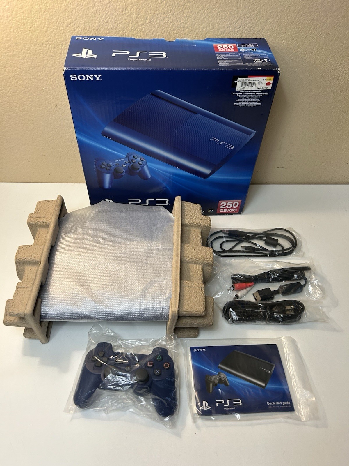 New Unsealed Open Box PS3 Super Slim 250 GB Azurite Blue Console CECH-4201B Read