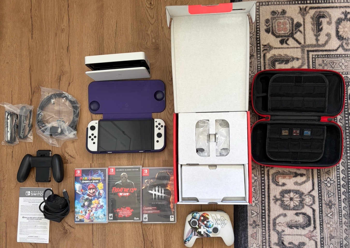 Nintendo Switch OLED White Bundle – 6 Games, Controller, Case – Near Mint in Box
