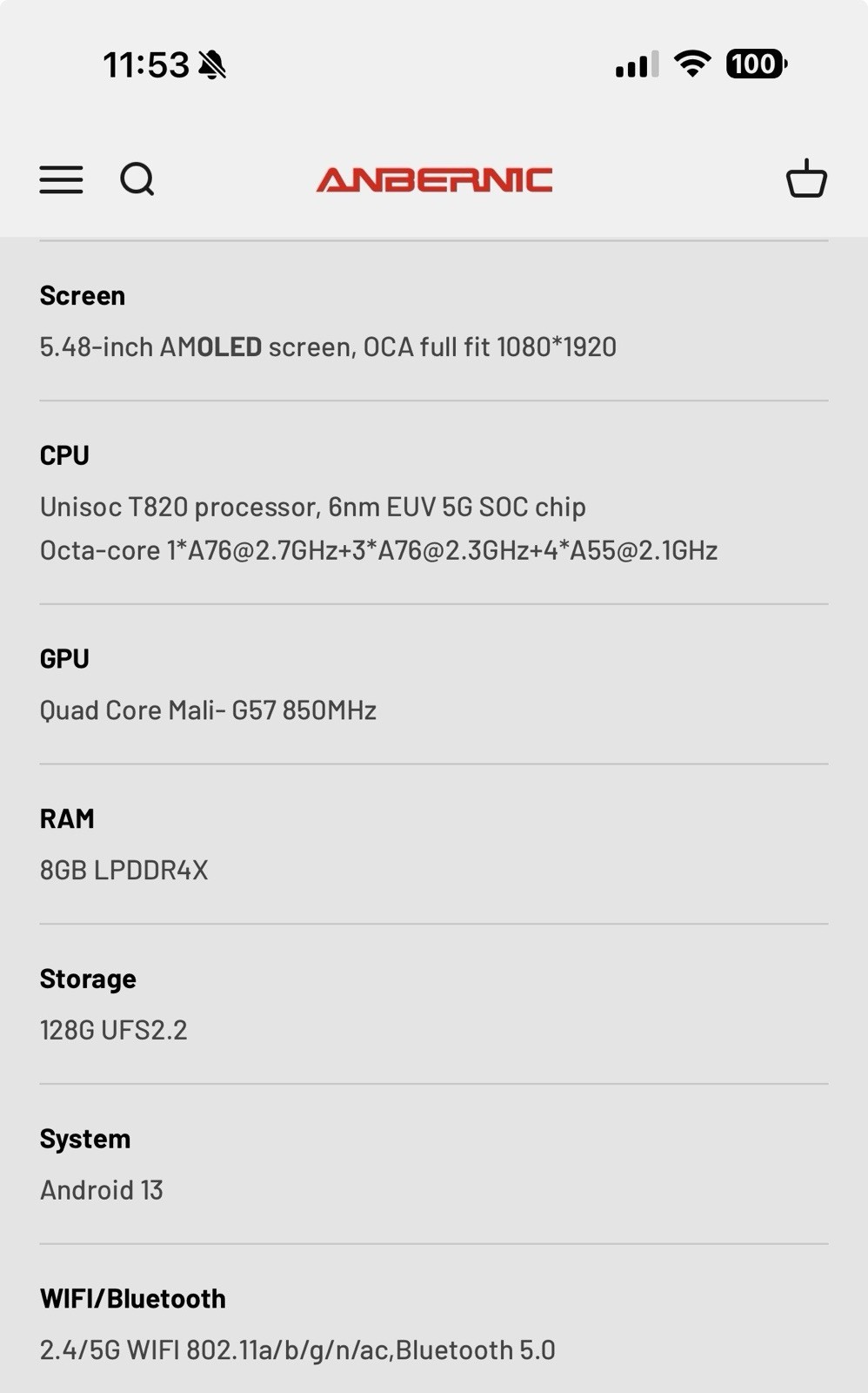 ANBERNIC RG556 Black Handheld System 128GB Android 1080p AMOLED Wi-Fi Bluetooth
