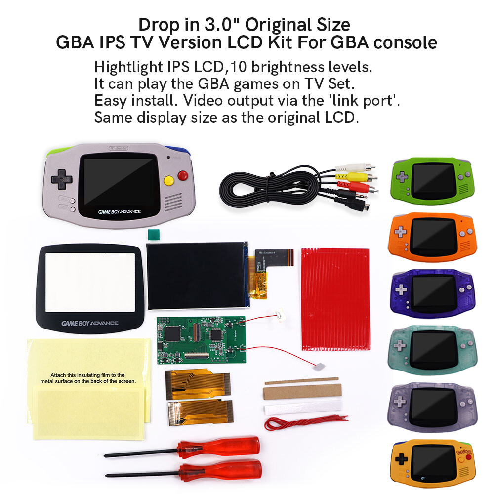 3.0 Inches V4 Drop in IPS LCD GBA TV OUT Mod Backlight Kit Pre-cut Shell For GBA