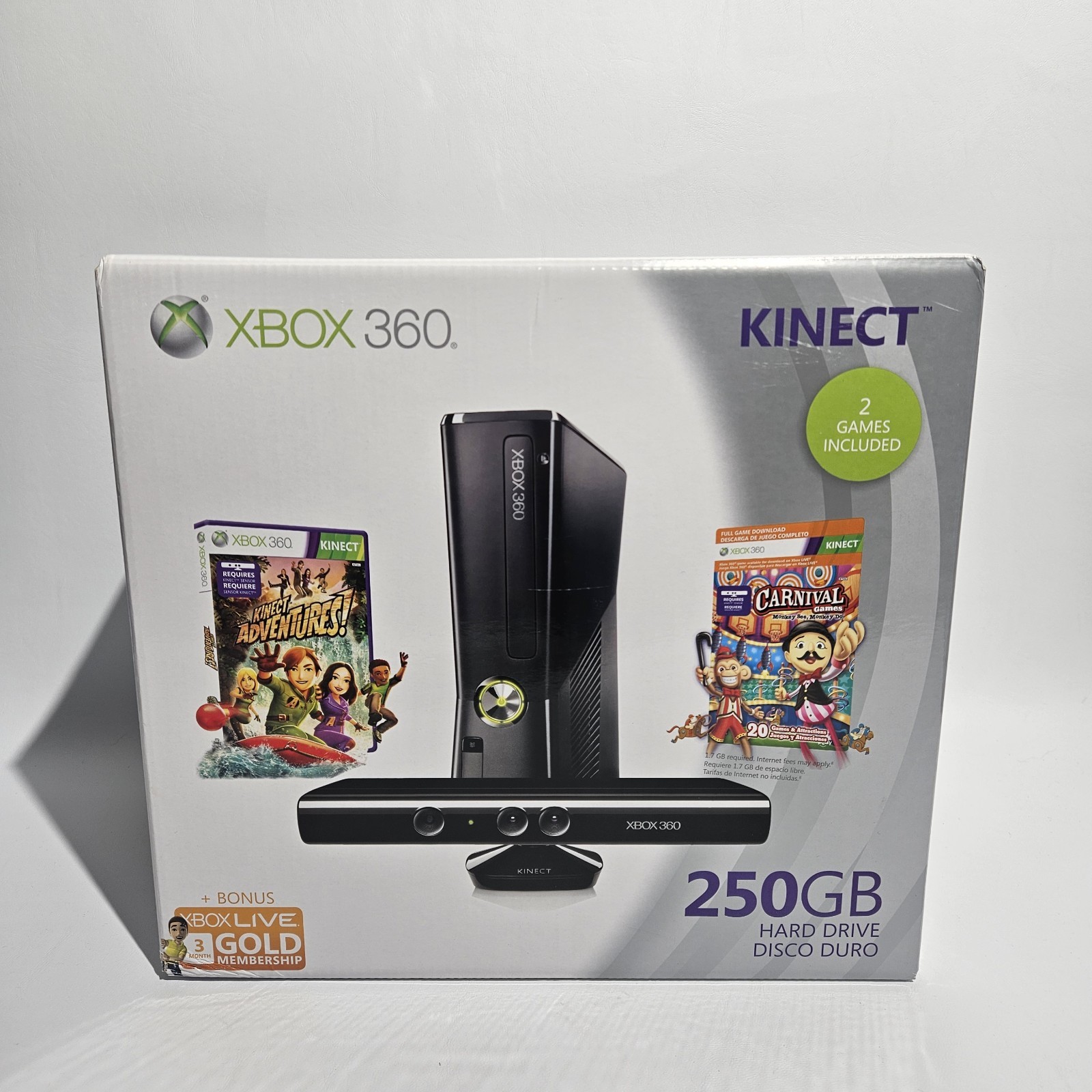 Microsoft Xbox 360 S Slim 250GB Black Kinect Bundle 2 Games NTSC NEW Sealed!