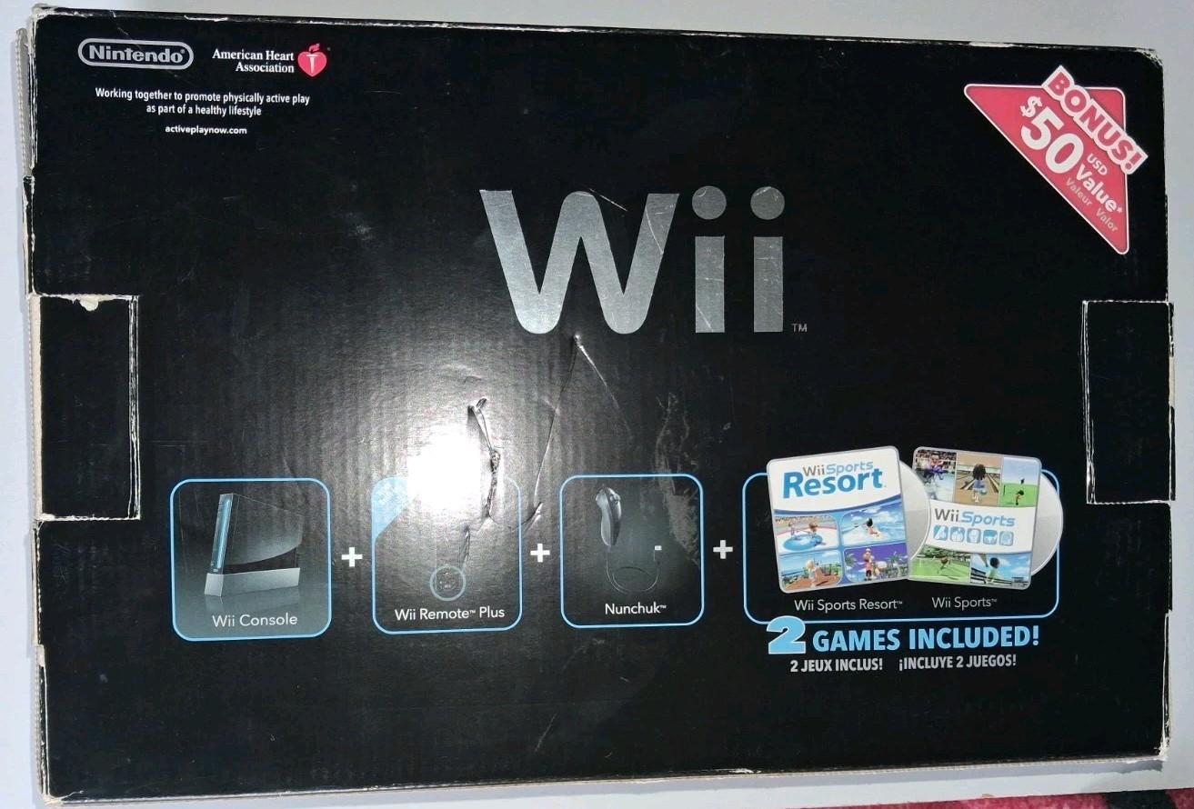 Nintendo Wii Black Console RVL-001 Wii In Box W Wii Play Party And Dog Island