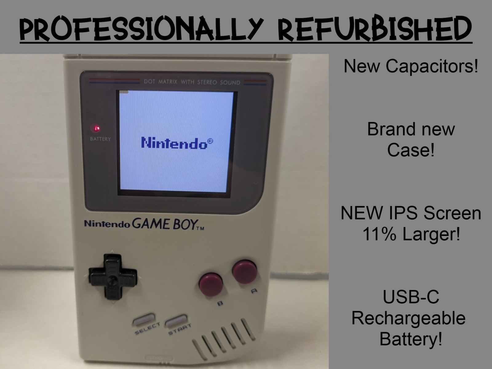 Refurbished Game Boy. DMG-01. New Caps, Screen, Backlight & USB-C Charging!