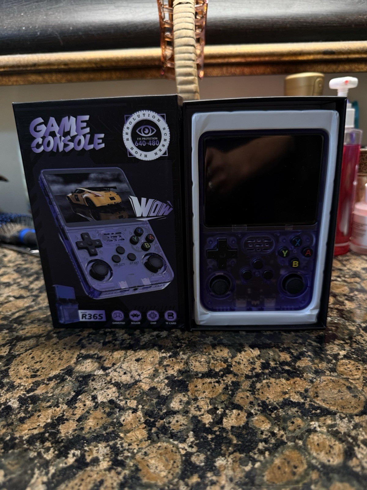 R36S Handheld Game Console Clear Purple 64GB 640×480 Wi-Fi Bluetooth