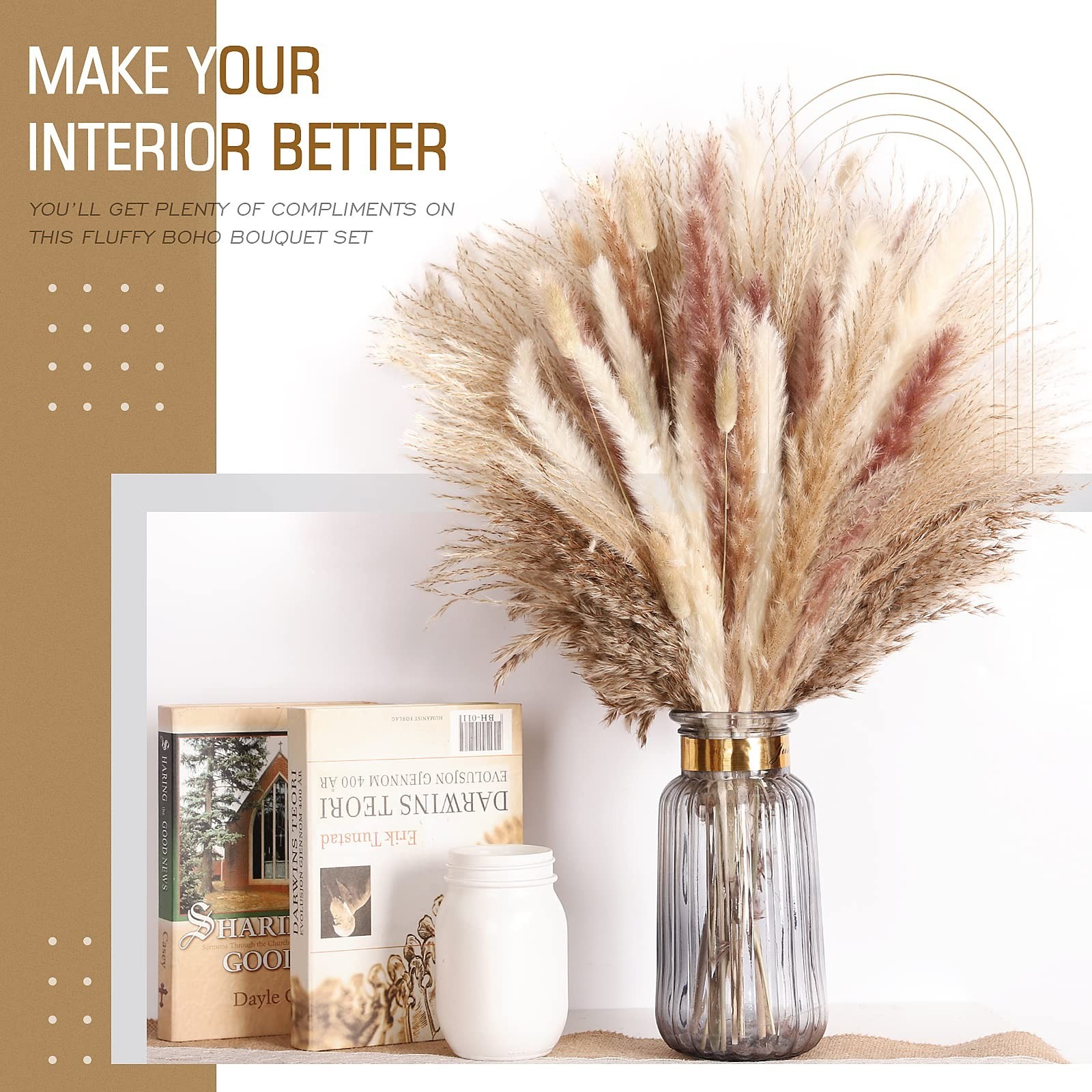 N&T NETING 75Pcs Pampas Grass Decor-10Pcs White Pampas Grass, 20Pcs Brown Pam…