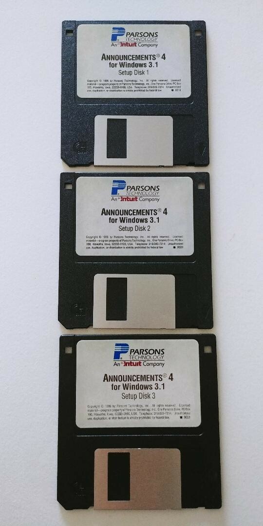 1995 Vintage Parsons Technology Announcements 4 for Windows 3.1 (3) Floppy Disks