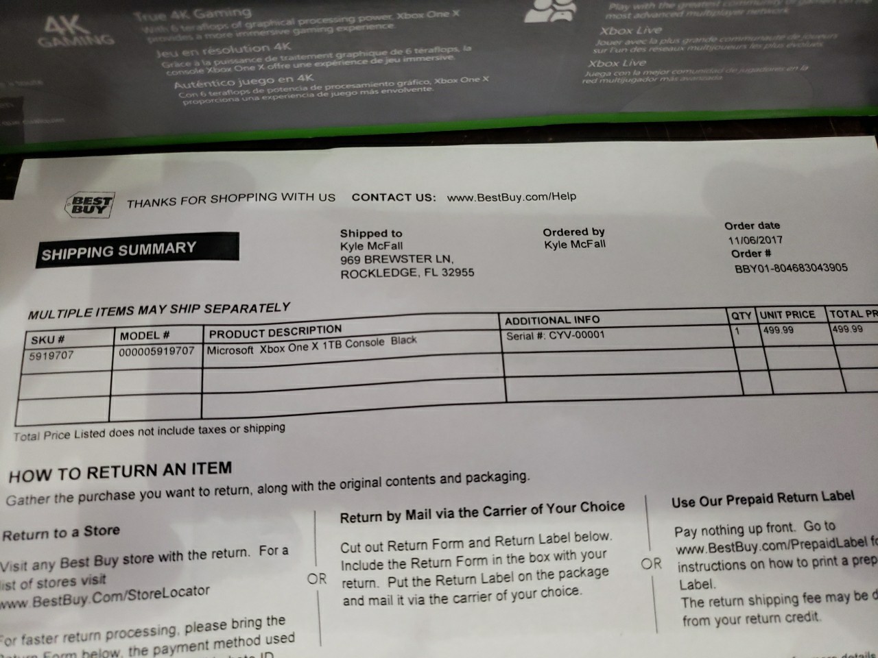 Microsoft Xbox One X Black BOX ONLY Dented Corner Original Receipts Best Buy
