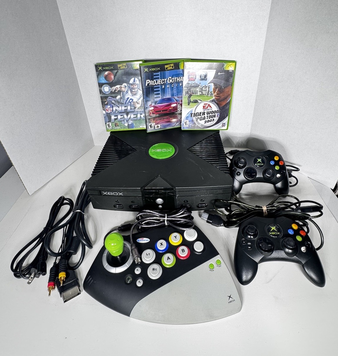 Microsoft Xbox Original Console 2 Controllers, Joystick, Wires & Games – Tested