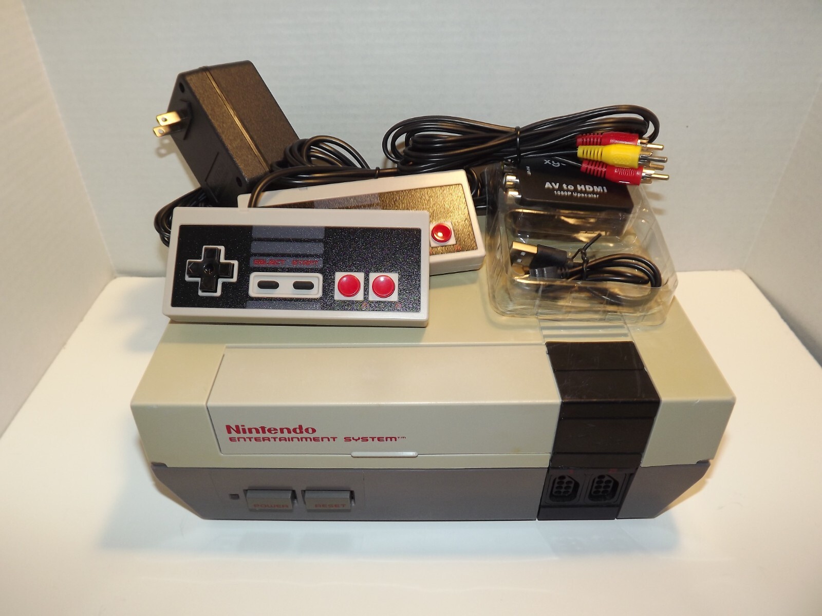 Original Nintendo NES System Console, hook ups, New AV to HD Converter