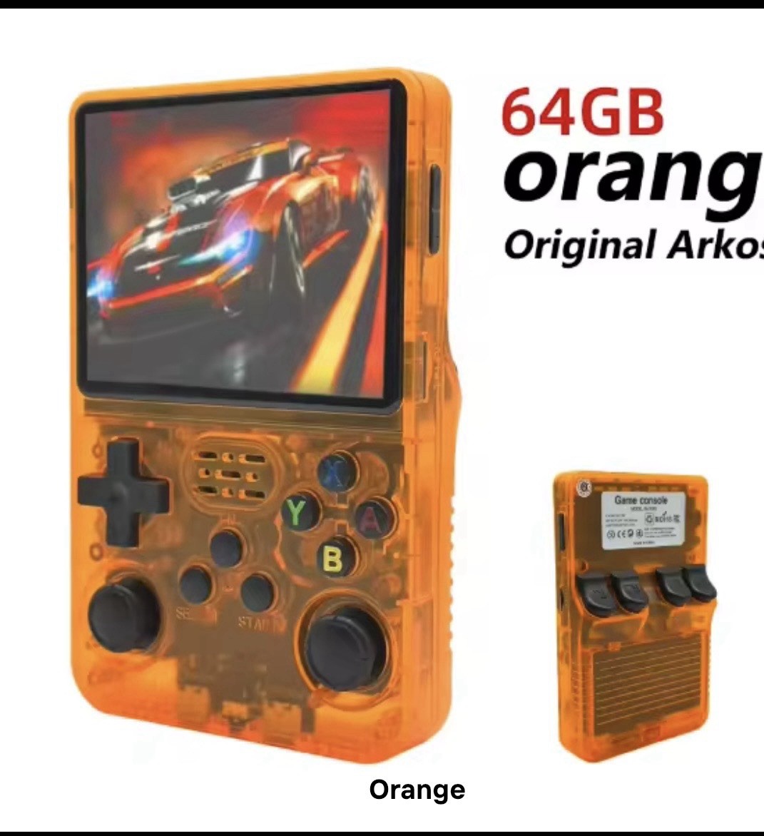R36s 64GB Orange Handheld Game Console with Headphone Jack