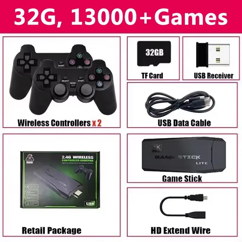 M8 4K Mini Game Stick,40000 Built-in Games with Twin 2.4G Wireless Controllers