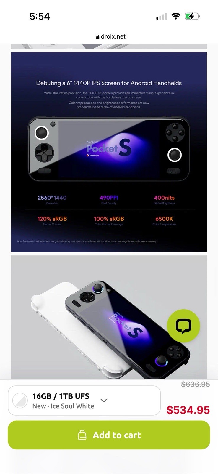 AYANEO Pocket S Gaming Console 16GB/512GB White 1440p