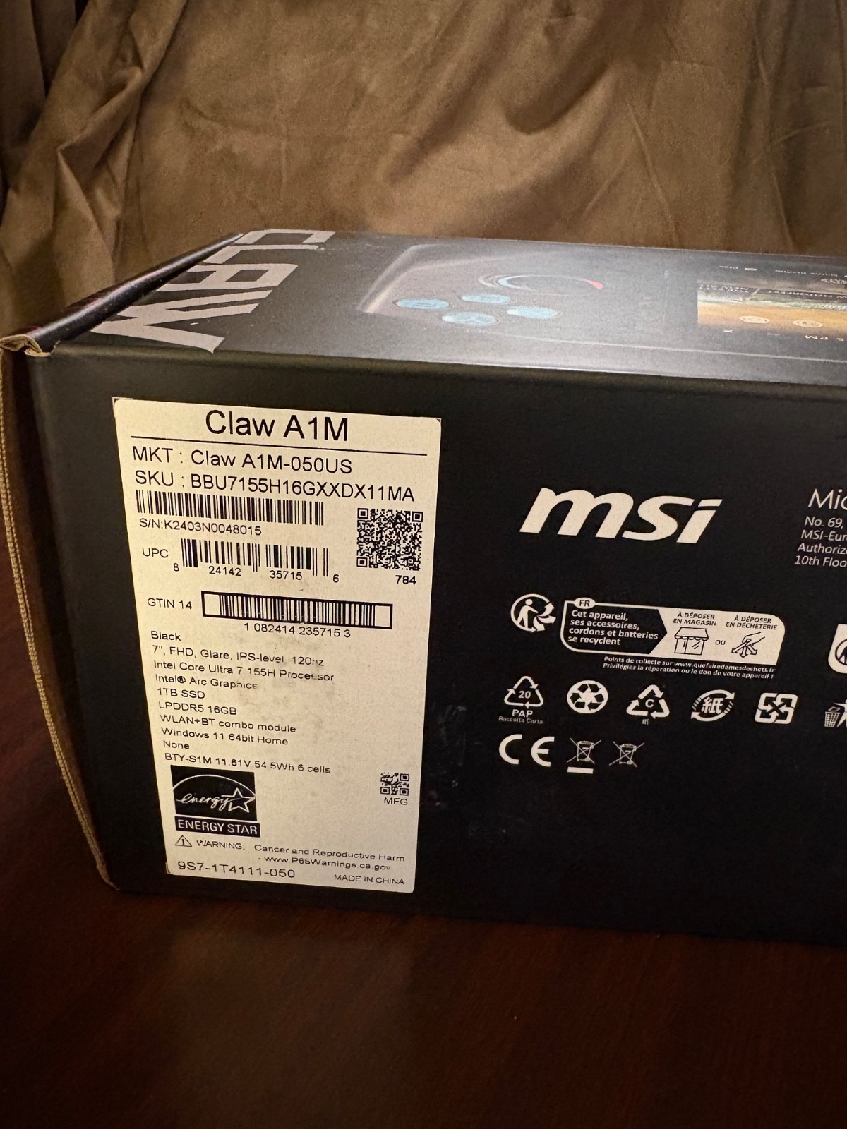 MSI Claw A1M-051 Handheld 7” FHD 120Hz Intel Core Ultra 7 155H 16GB 1TB