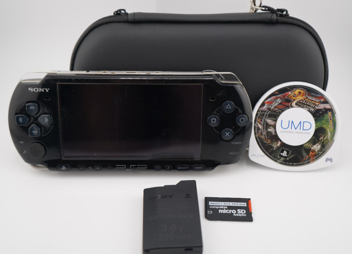 Sony PSP-3000 Console with OEM Battery, Game, 64GB SD, Case Bundle – Piano Black
