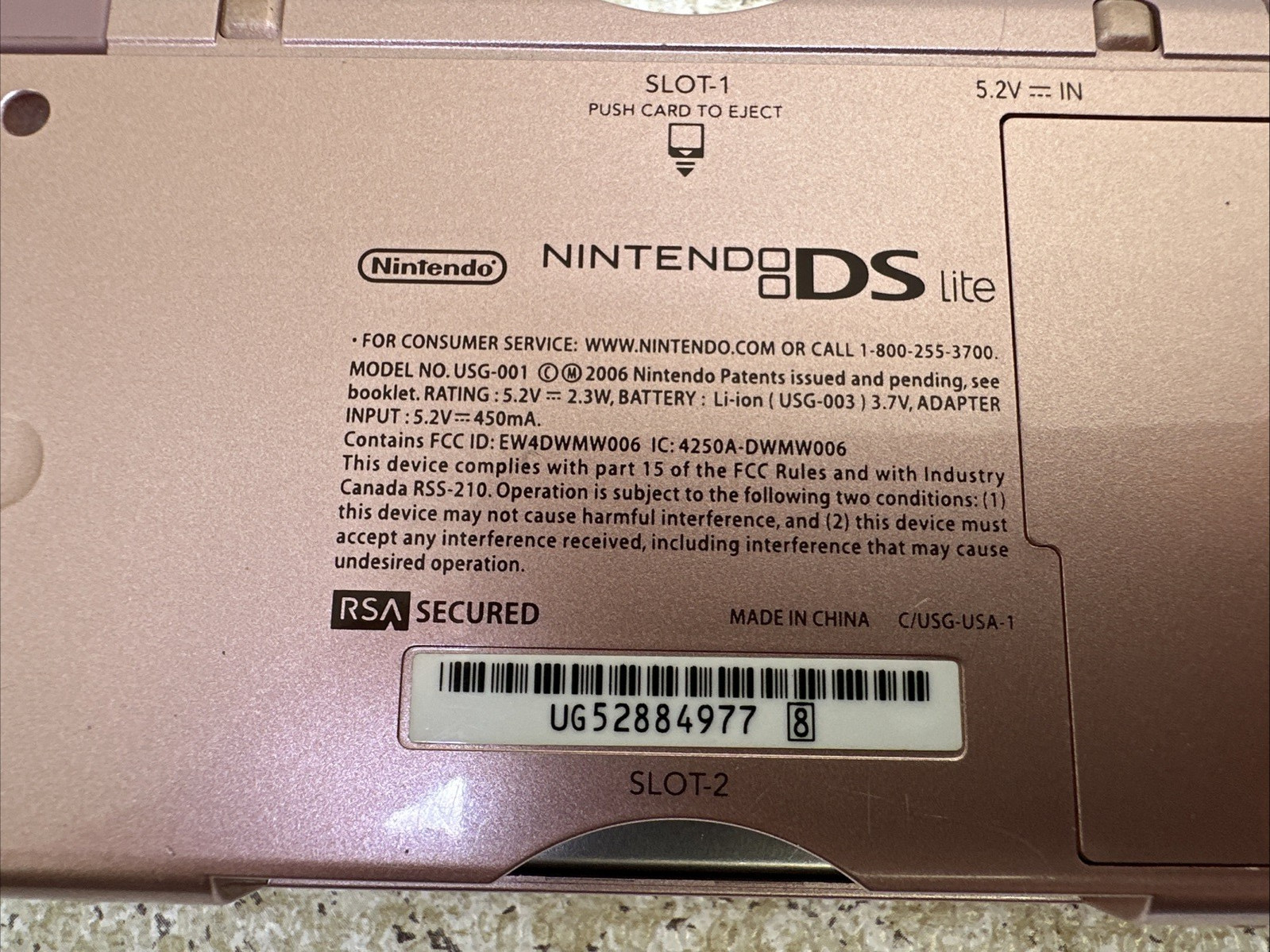 Nintendo DS Lite USG-001 Metallic Rose W/Charger, Stylus & 7 Games Tested/Works