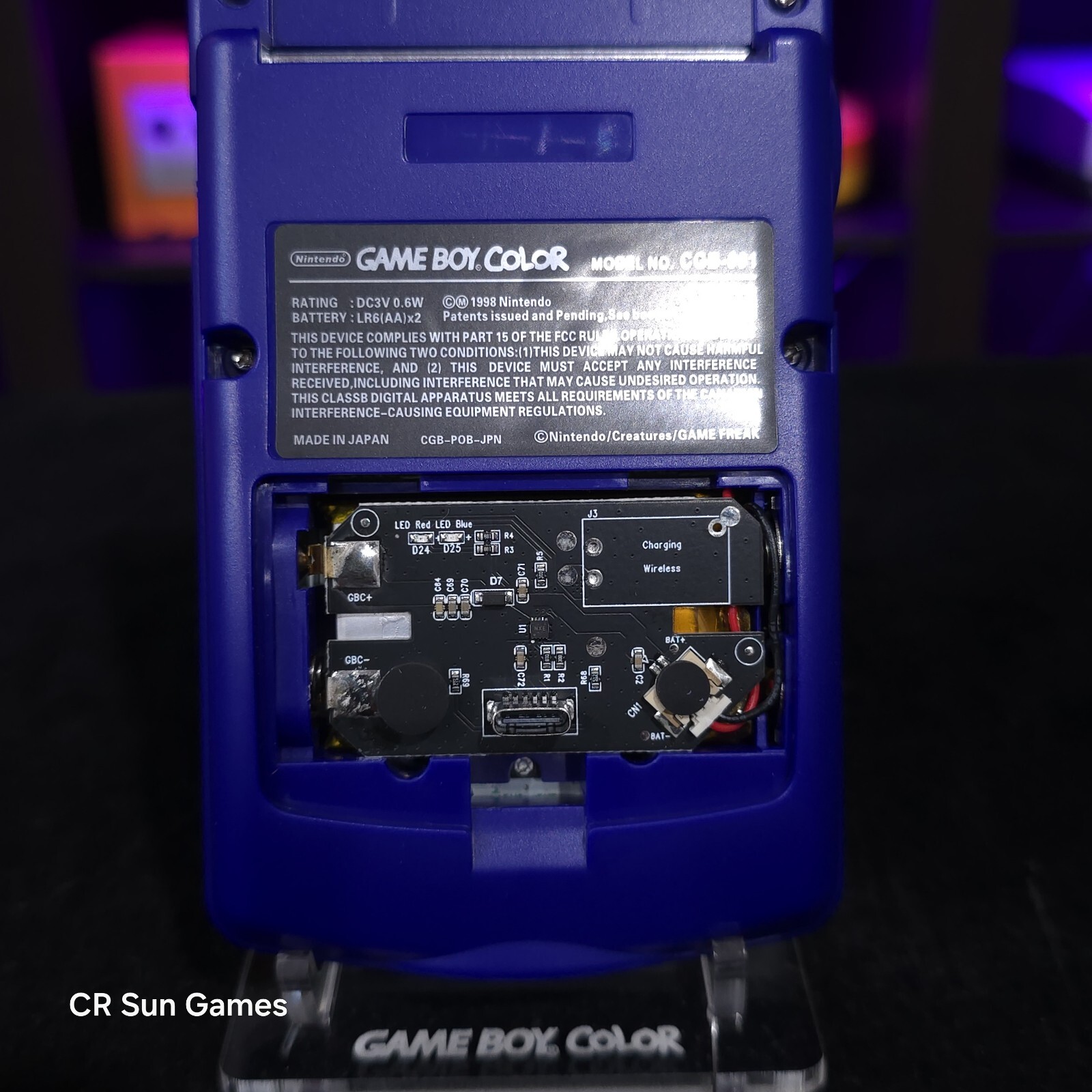 Purple Gameboy Color Console OLED Touch Screen USB-C Rechargeable Battery Mod