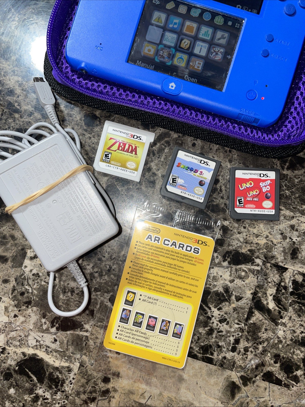 Nintendo Mario Kart 7 4GB Video Game Console – Blue W/3games Zelda Snood UNO