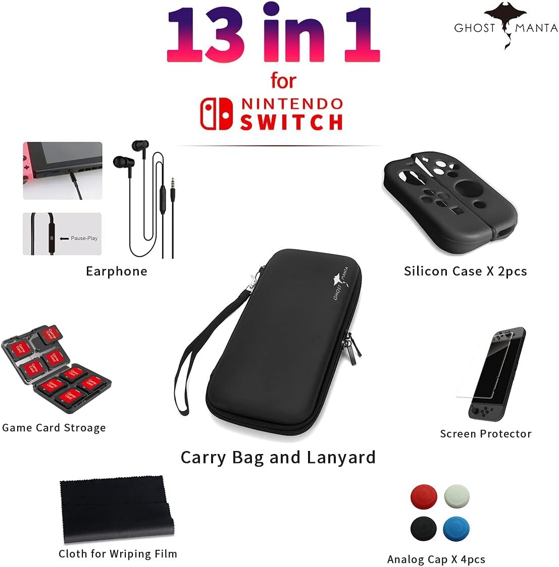 Accessories Kit Compatible with Nintendo Switch Console (13 in 1 Accessory Kit)