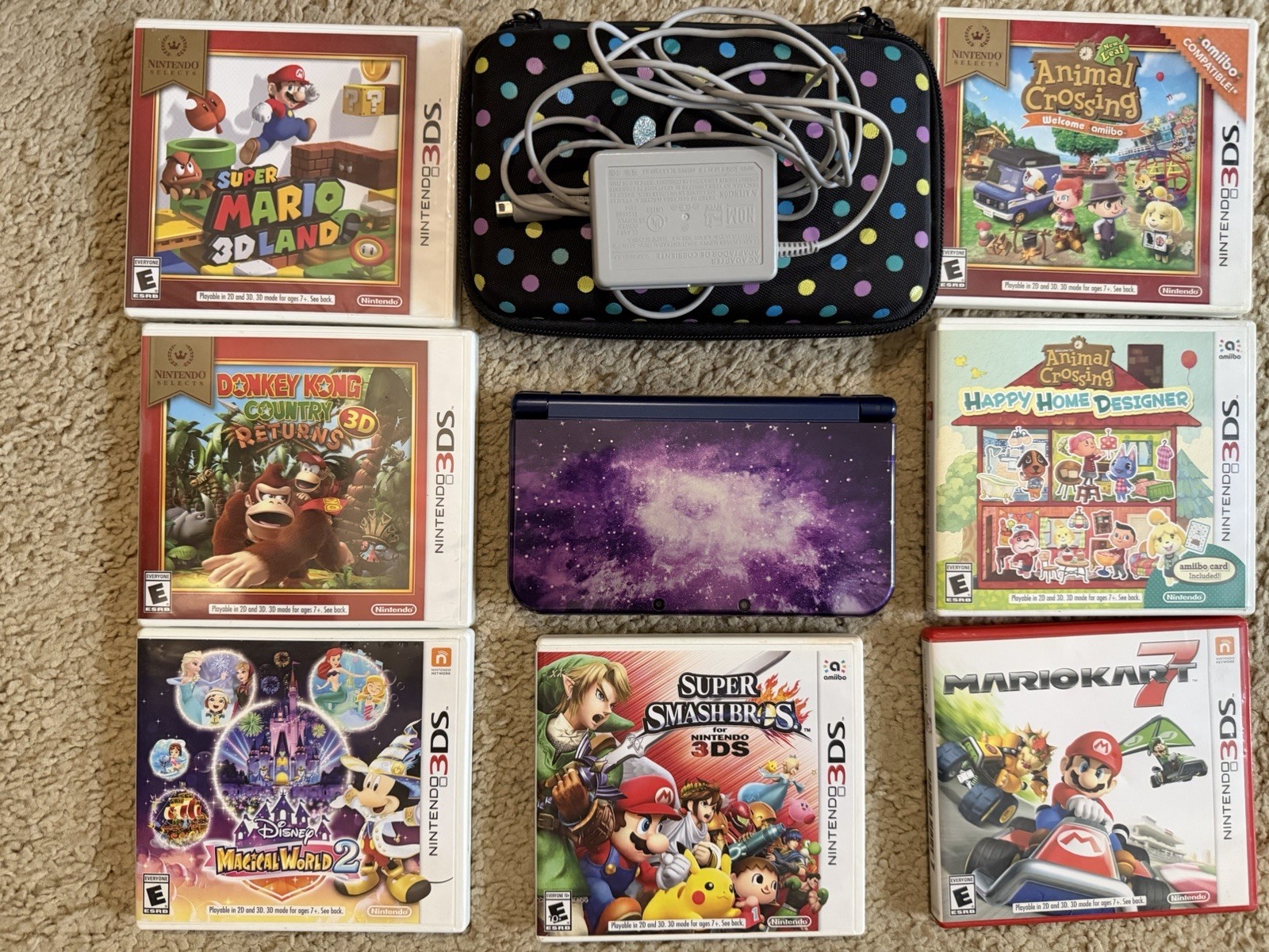 Nintendo 3DS XL Galaxy Purple Edition System Charger Stylus + 7 Games Bundle Lot