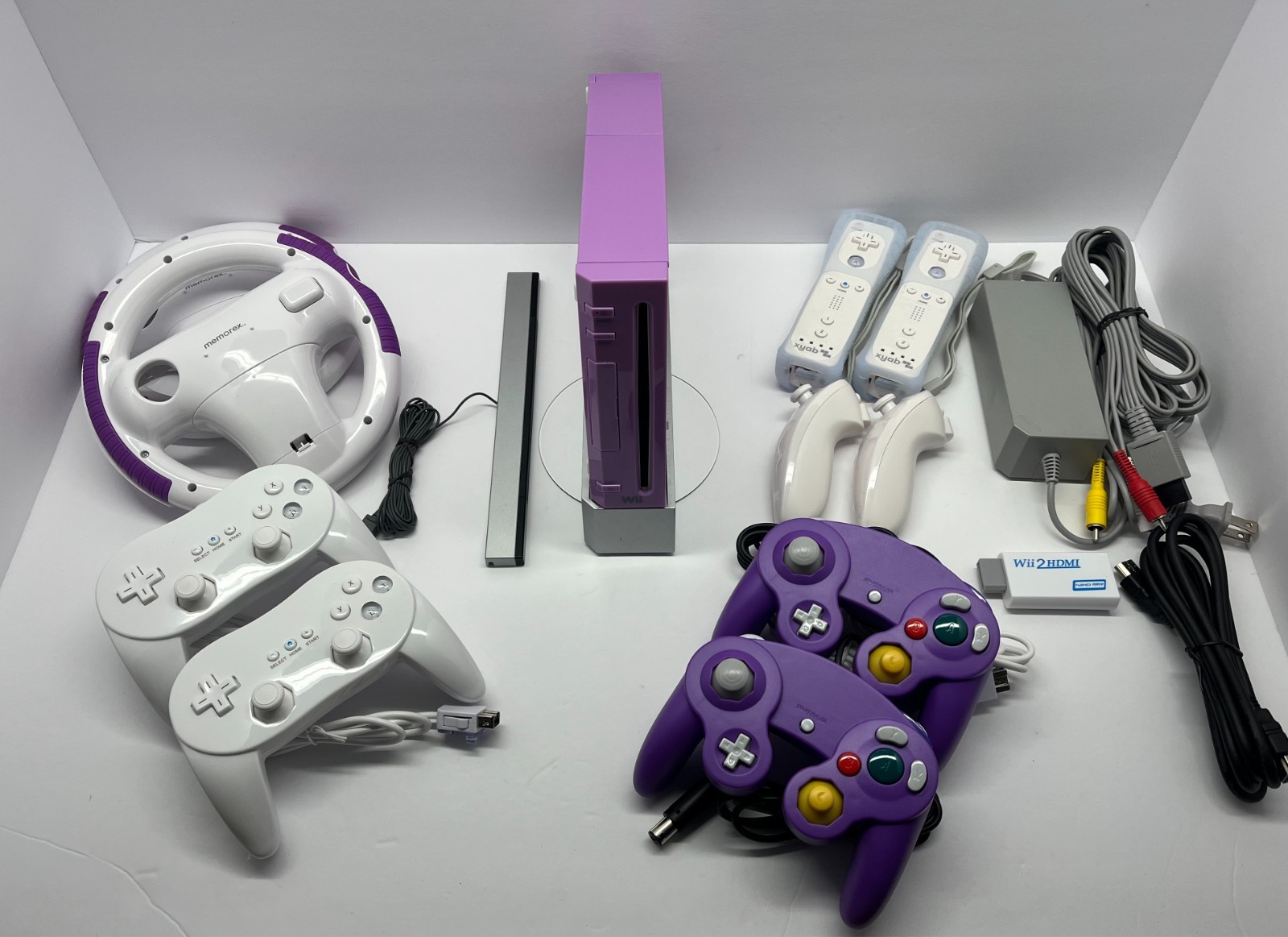 Nintendo Wii Purple Console Bundle + Wii Remotes + GC Controllers + Cables