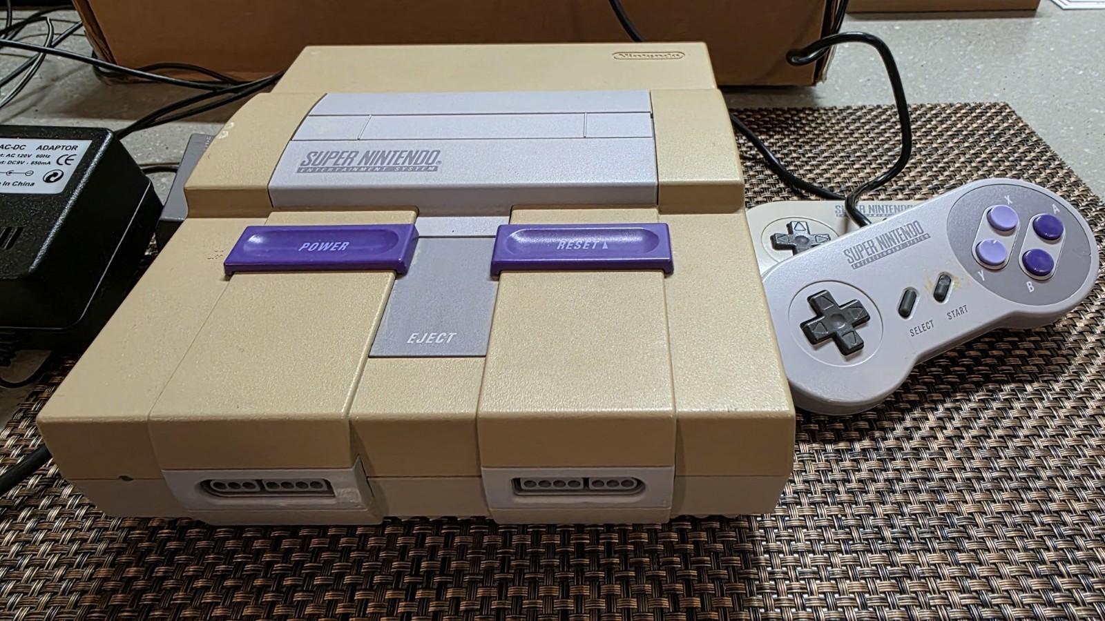 Nintendo SNES Super Nintendo Console Gray Purple w/ 2 Controllers & Adapter