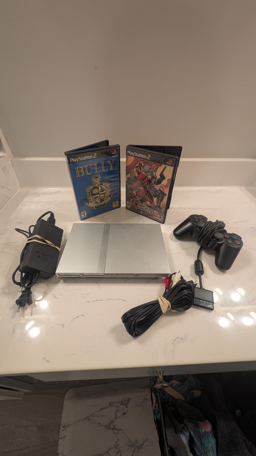 Sony PlayStation 2 Slim Silver SCPH-79001 w/ Controller Cables and 2 games