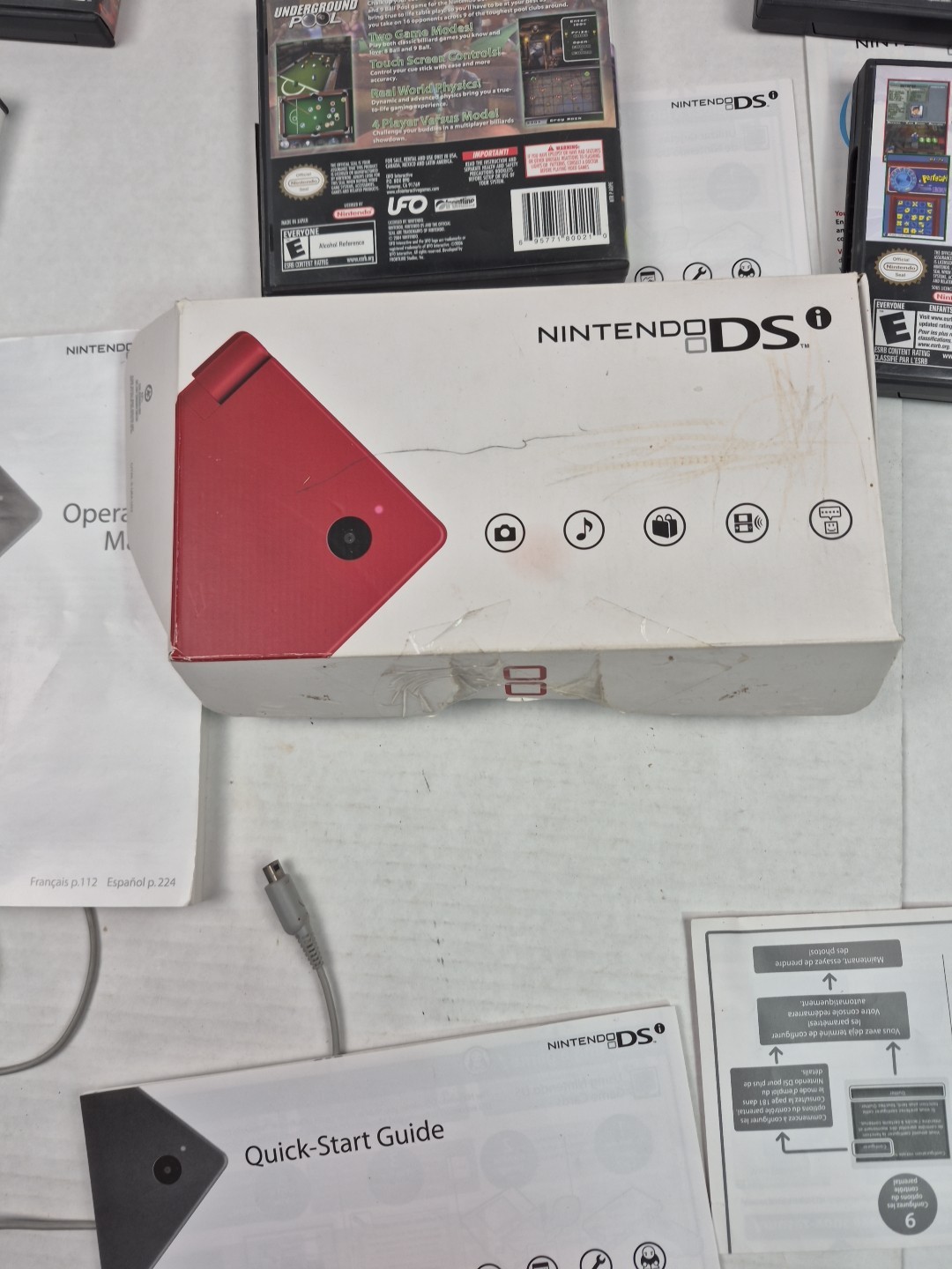 Nintendo DSI Matte Red Handheld System Box Charger Games Tested With Issues