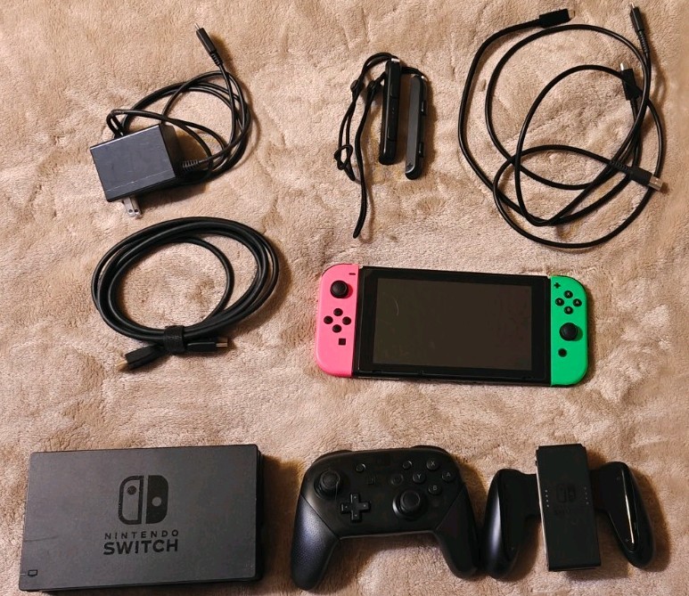 Nintendo Switch HAC-001 With Pro Controller, Pink And Green Joy Cobs And Dock