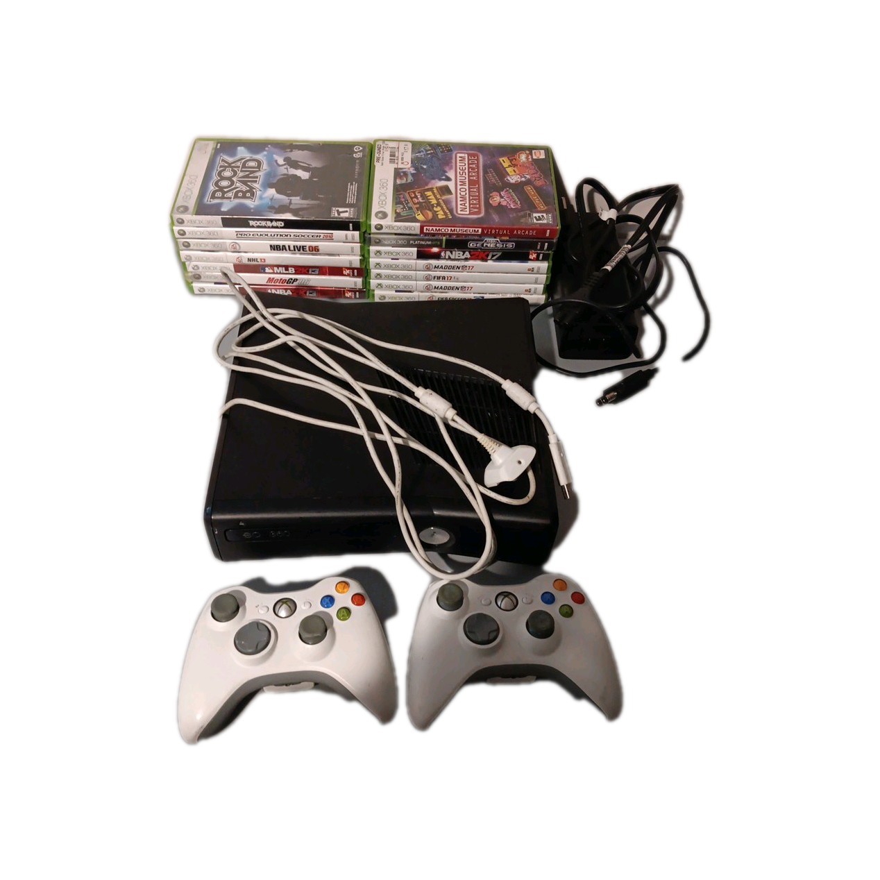 X box three sixty bundle , with fourteen games to controllers , n wires tested