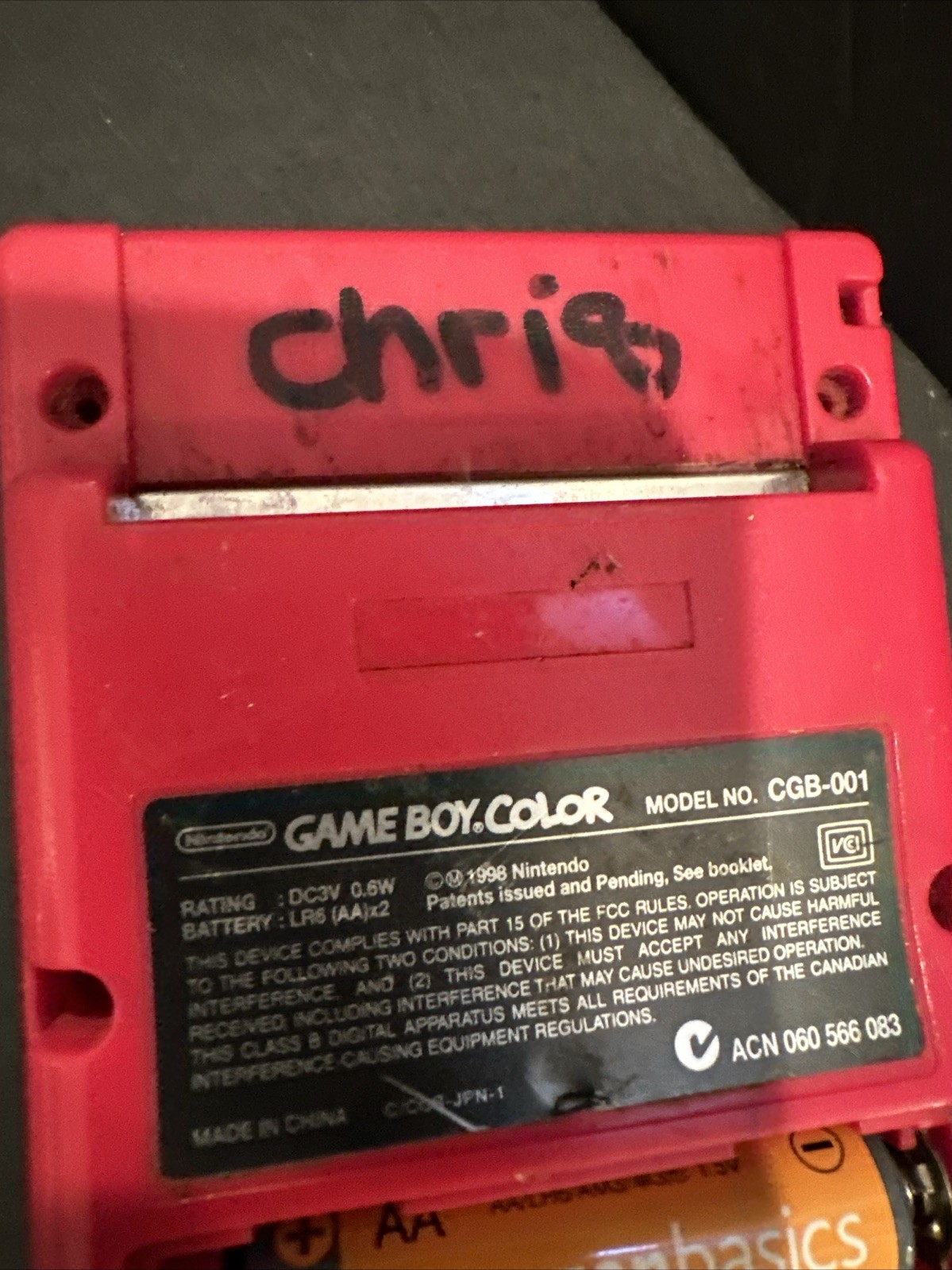 Nintendo Game Boy RED no battery cover and written ON WITH MARKER #R32